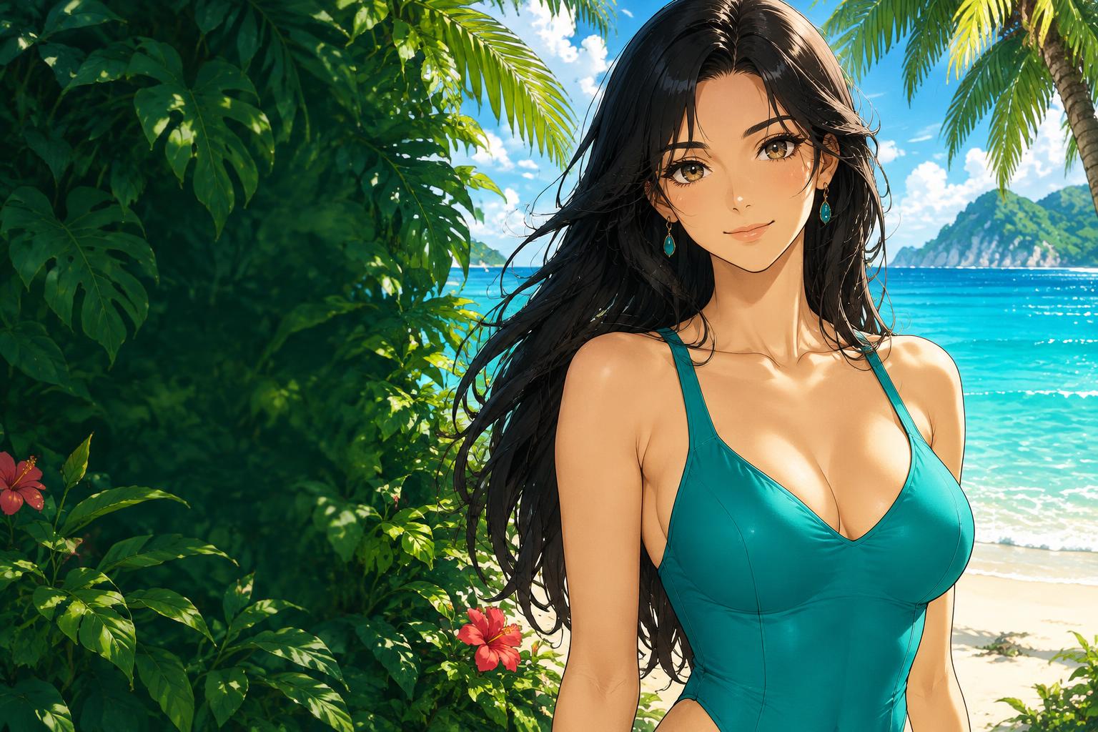 Aya, fictional adult anime woman aged 26, in swimwear beside the sea