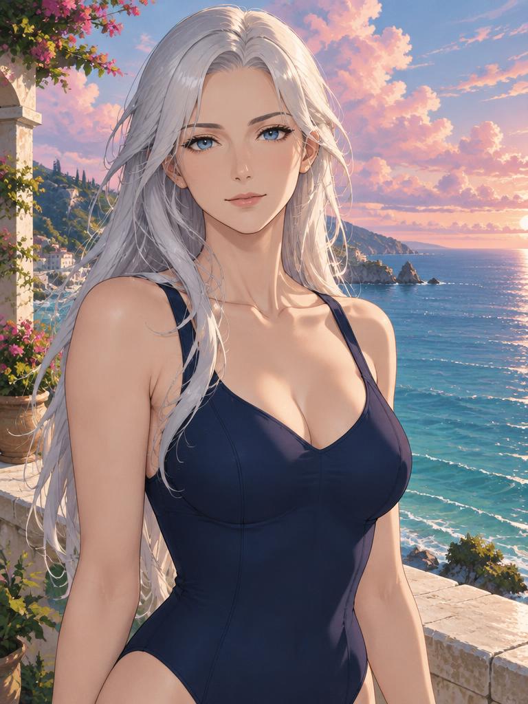 Luna, fictional adult anime woman aged 27, in swimwear beside the sea