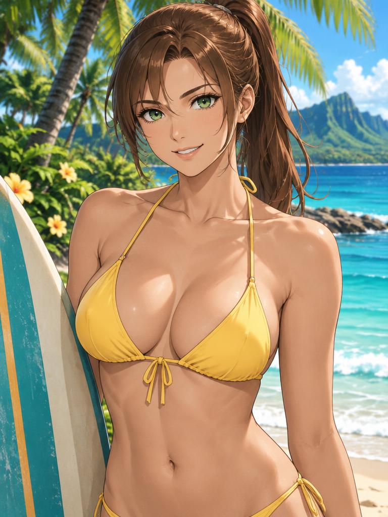 Nami, fictional adult anime woman aged 24, in swimwear beside the sea