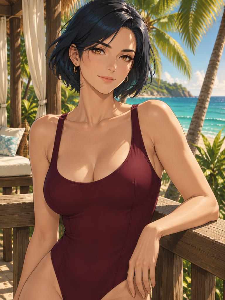 Rei, fictional adult anime woman aged 28, in swimwear beside the sea